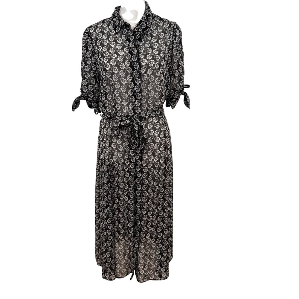 Calvin Klein Sheer Button Down Mid Length Dress Flower Pattern Bow tie Sl Size 8